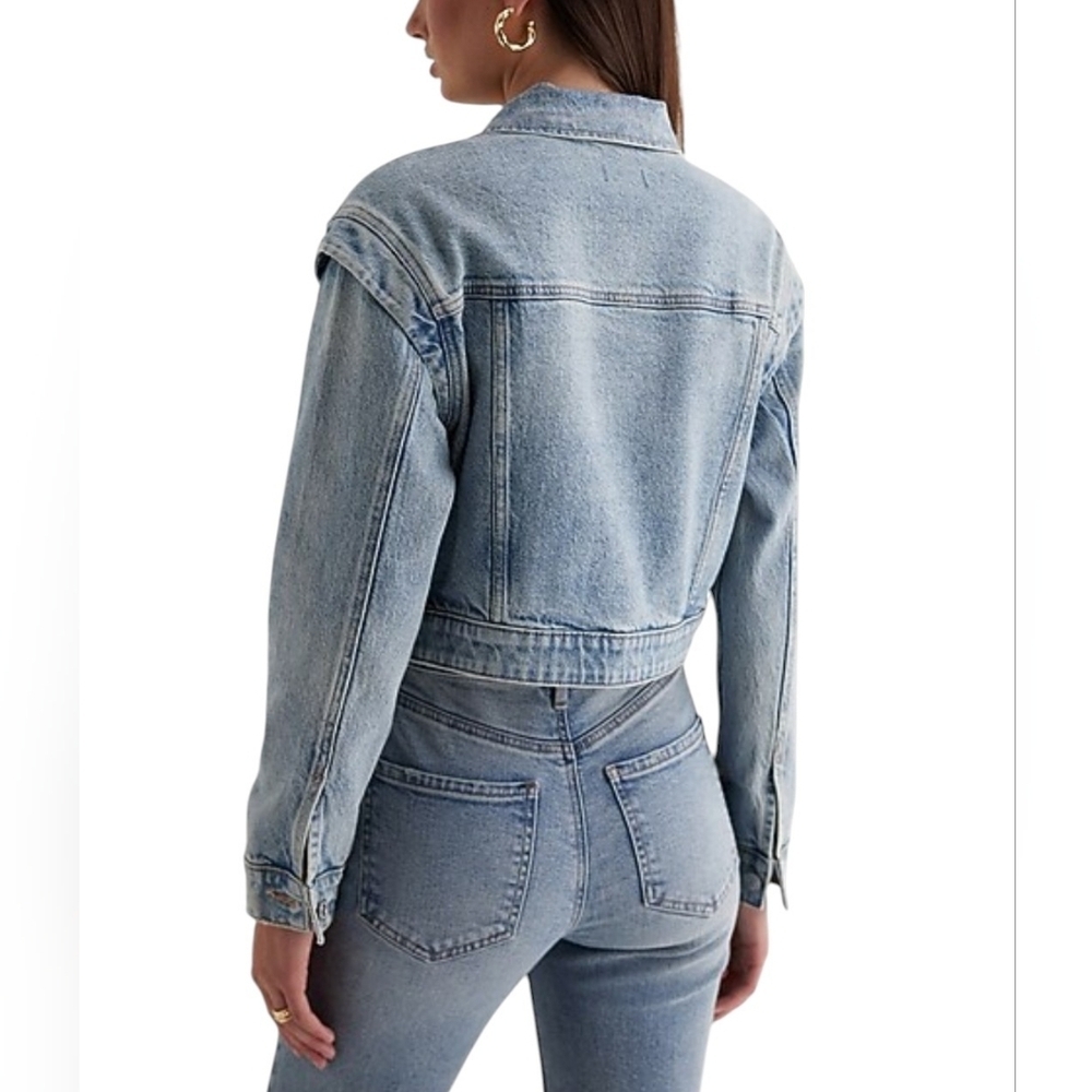 Express Women's Blue Layered Cap Sleeve Cropped Denim Jean Jacket  Size Large - Picture 2 of 12